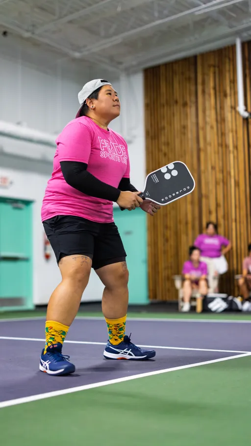 A pickleball player wearing a pink "Pride Sports USA" shirt, black shorts, colorful socks, and a backwards cap stands on an indoor court preparing to return a shot. Other players and spectators in pink shirts are seated in the background.