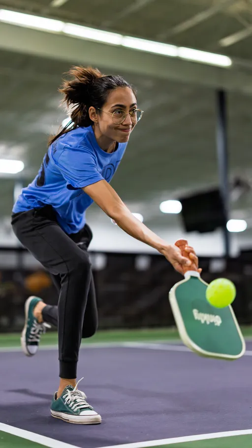 A pickleball player in athletic clothing and glasses lunges forward on an indoor court, swinging a paddle to hit a bright yellow pickleball.