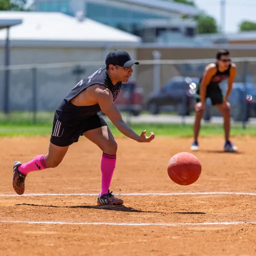 A player wearing a black athletic outfit, black cap, and bright pink knee-high socks is in the process of rolling a red kickball toward home plate on a sandy kickball field, while another player in similar attire is crouched and ready in the background.