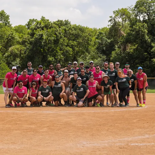 A large group of kickball players is gathered on a dirt field, posing together in team uniforms that include matching shirts in bright pink and dark green, with trees and greenery in the background.