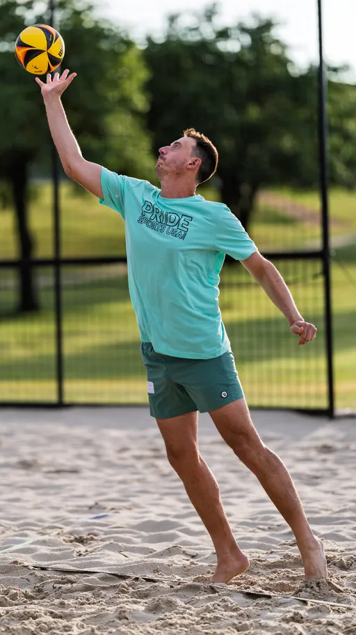 A volleyball player stands barefoot on a sand court, tossing a volleyball in the air with one hand and preparing to serve. The player is wearing a light blue "Pride Sports USA" t-shirt and green shorts, with a fence and grassy area visible in the background.