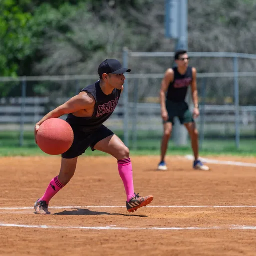 A player wearing a black PRIDE tank top, pink knee-high socks, and a black cap prepares to pitch a red kickball on a kickball field, with another competitor ready in the background.