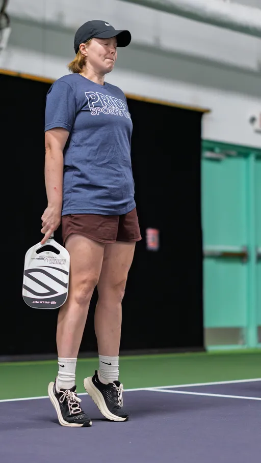 A pickleball player stands on an indoor court, holding a paddle at their side, wearing a "Pride Sports" t-shirt, athletic shorts, a cap, and sneakers. The player appears to be focused, possibly waiting for their turn during a game or practice session.