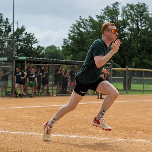 A player in athletic shorts, a dark t-shirt, and sports sunglasses is running across a dirt kickball field, appearing focused as they sprint past home plate with a team and dugout visible in the background.
