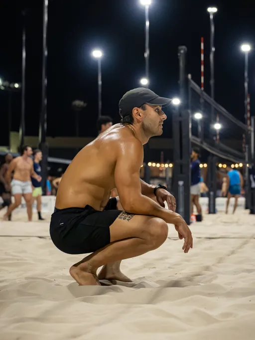 On a brightly lit outdoor sand volleyball court at night, a barefoot player in black shorts and a black cap crouches in a ready stance near the net, wearing a wristwatch and showing a thigh tattoo. In the background, multiple athletes play on adjacent courts under tall floodlights.