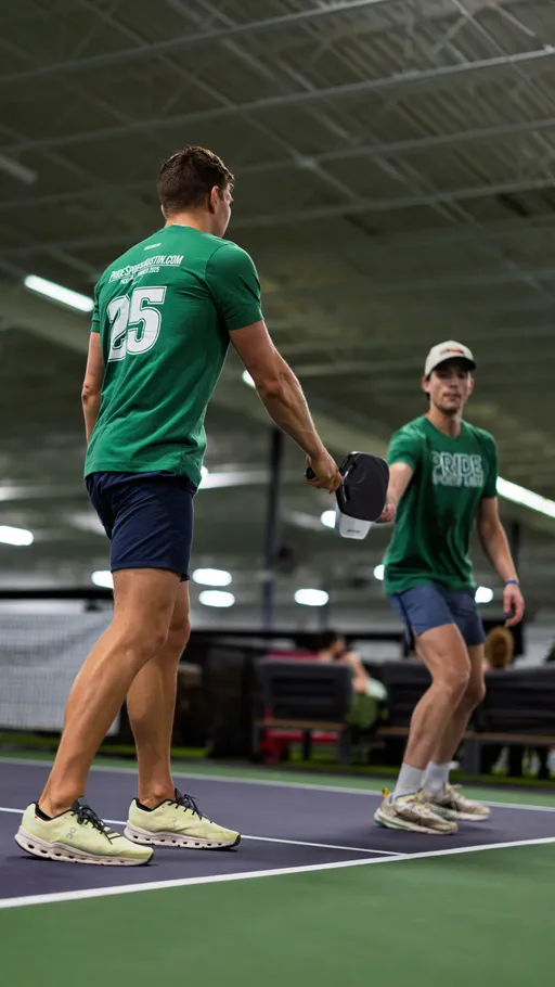 Two pickleball players wearing matching green "Pride Pickleball" shirts, navy shorts, and athletic shoes appear to be exchanging a paddle or greeting each other on an indoor pickleball court. The environment features overhead lighting and other players in the background.