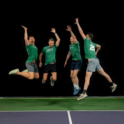 Four pickleball players in matching green shirts and athletic shorts are jumping in mid-air on an indoor pickleball court, celebrating with raised arms and energetic expressions.