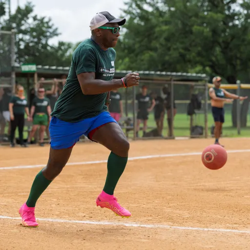 A player wearing a green shirt, blue shorts, green knee-high socks, pink athletic shoes, sunglasses, and a cap is running on a kickball field, appearing to chase or approach a red kickball in play, with other players and a chain-link fence visible in the background.