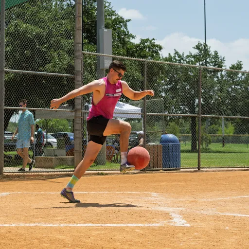 A player wearing sunglasses, a bright sleeveless shirt, and athletic shorts is mid-kick as they strike a red kickball on a sandy kickball field, with fencing and spectators visible in the background.