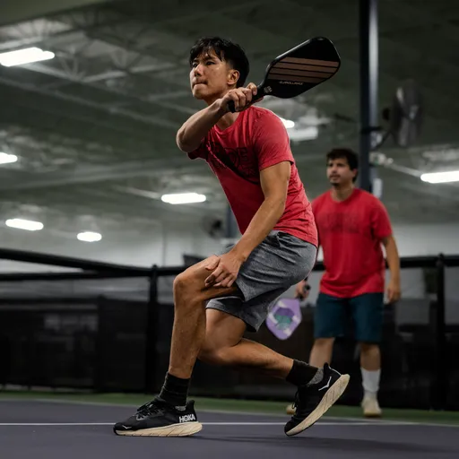 A player in athletic clothing prepares to return a shot on an indoor pickleball court, holding a paddle and focusing on the ball while another competitor stands ready in the background.