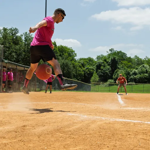 A player wearing a bright pink shirt and black shorts is mid-air after kicking a red kickball on a dusty field, while other athletes stand ready in the background near the outfield and dugout.