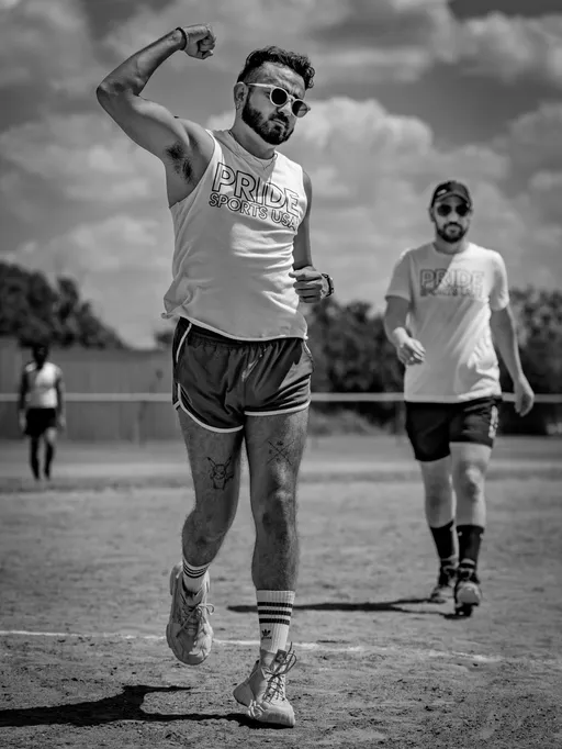 On a dusty kickball field, a player strides forward with an arm raised in celebration, wearing sunglasses, a “PRIDE SPORTS USA” tank, short athletic shorts, striped socks, and sneakers, while teammates in similar Pride shirts (one in a cap) walk behind under a bright, cloudy sky.