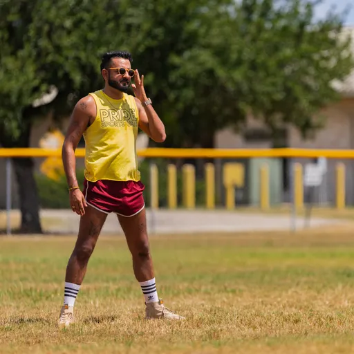 A player stands on the kickball field’s outfield, adjusting sunglasses and watching the action. They wear a yellow tank with “PRIDE” text, maroon athletic shorts with white trim, striped socks, and sneakers, with trees and a yellow outfield fence in the sunny background.