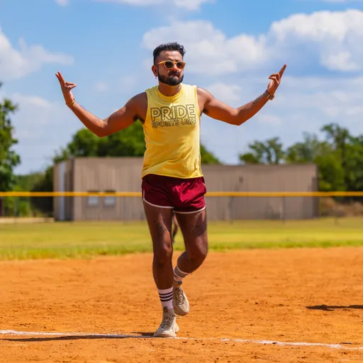 On a sunny kickball field, a player stands on the infield with arms spread in a playful, celebratory shrug. They wear a yellow “PRIDE” tank, maroon shorts, striped knee socks, sunglasses, and athletic shoes, with the outfield fence, trees, and a building in the background.