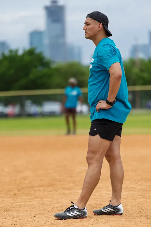 A kickball player wearing a teal team shirt, black shorts, athletic shoes, and a backwards cap stands on the field with hands on hips, watching the game, while another player is visible in the background on the grassy outfield.