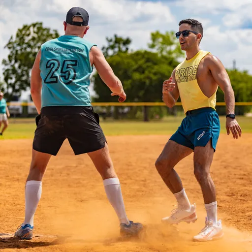 On a sunny kickball field, two players celebrate between bases: one in a yellow “PRIDE” tank and blue shorts with sunglasses, the other in a teal jersey with the number 25, black shorts, white knee socks, and a cap. They appear mid–high-five or dance on the dusty infield, with other teal-clad teammates in the background near the outfield fence and trees.