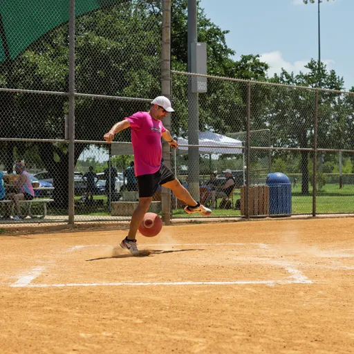 A player in a bright pink shirt and black shorts is kicking a red kickball on a dirt field, with a chain-link fence, trees, and spectators seated on benches in the background.