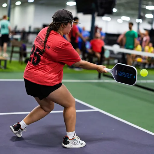 A pickleball player wearing a red shirt, black shorts, and a cap is in mid-swing, hitting a ball on an indoor court, with other participants and spectators visible in the background.