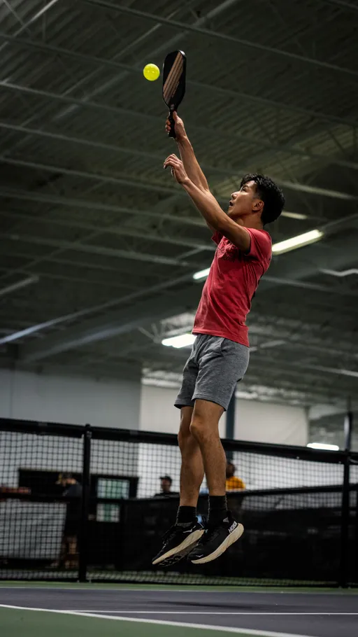 A pickleball player wearing a red shirt and gray shorts is jumping mid-air to hit a yellow pickleball with a paddle on an indoor court.